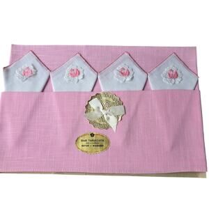 Vintage Majestic Creations Tablecloth 4 Napkins Pink White Rayon Square 52X52